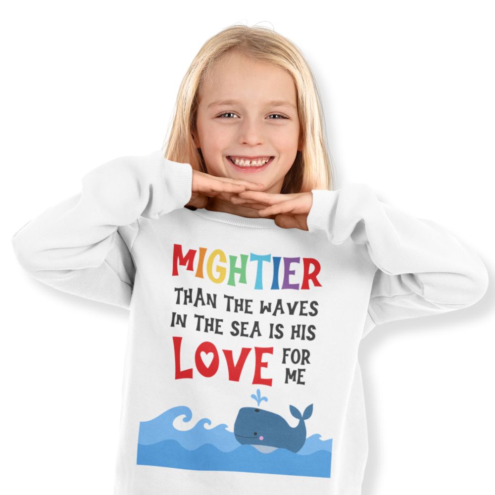 Mighter Than The Waves Youth Crewneck Sweatshirt Colors: White Sizes: XS Jesus Passion Apparel