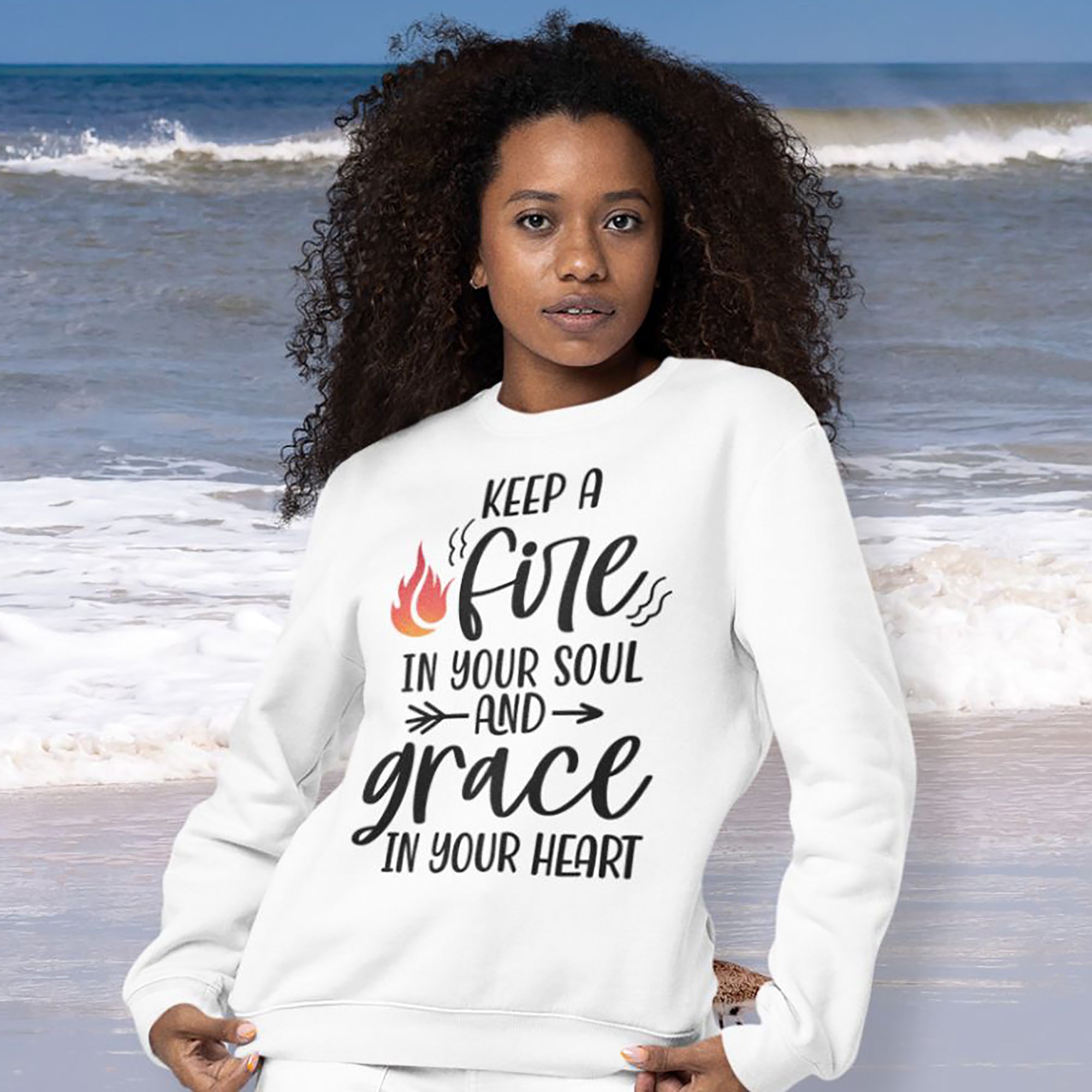 Keep a Fire and Grace Women's Fleece Unisex-Fit Sweatshirt Sand / White Size: S Color: Sand Jesus Passion Apparel