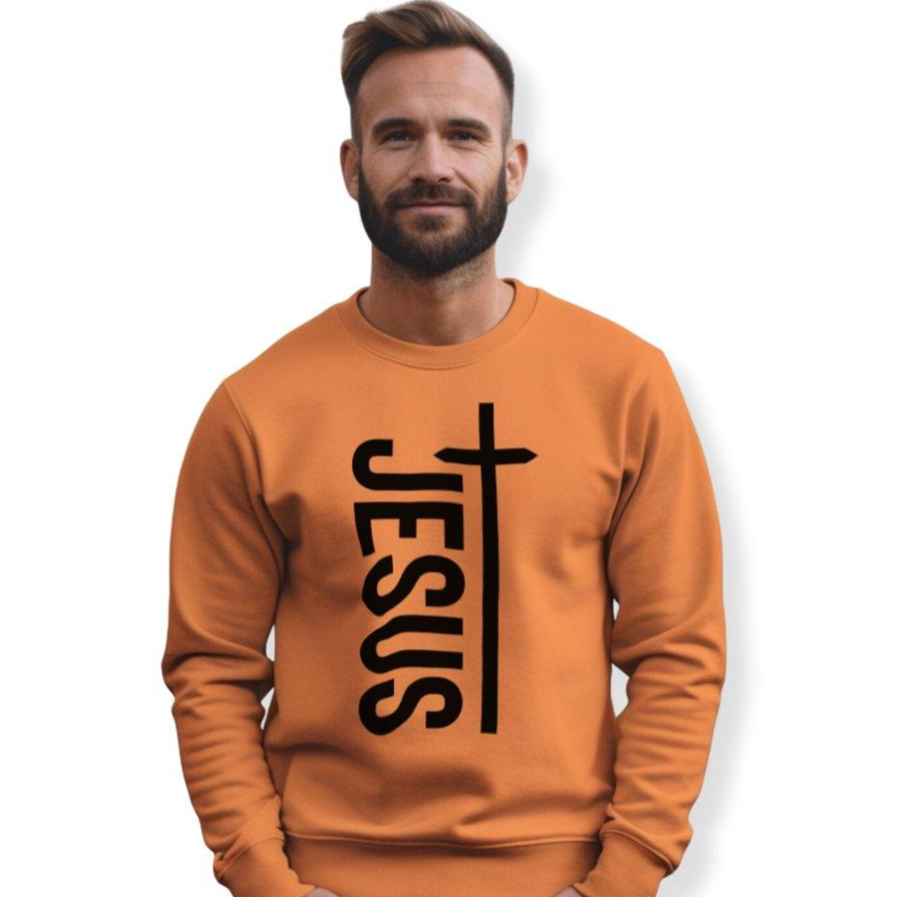 Jesus Vertical Cross Men's Unisex-Fit Fleece Sweatshirt - Orange Size: S Color: Orange Jesus Passion Apparel