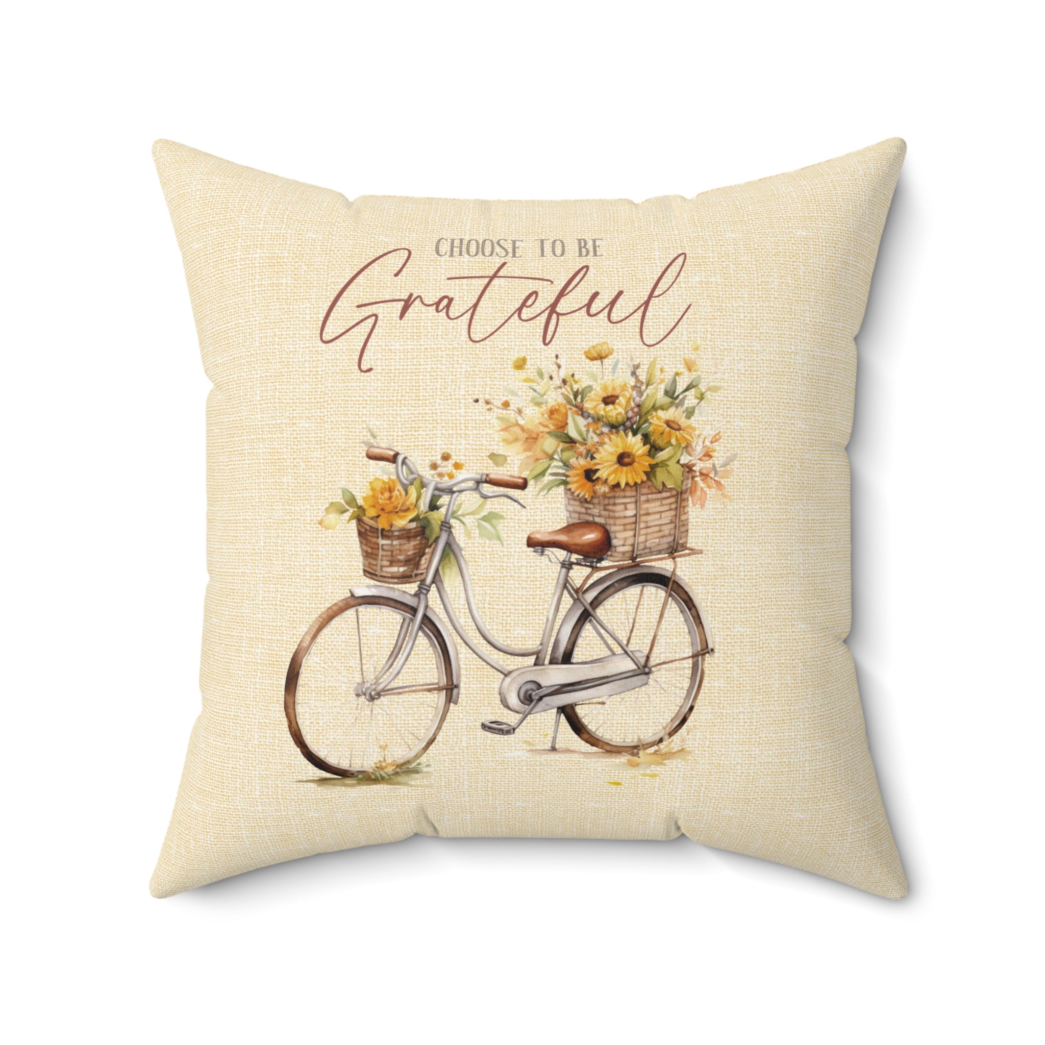 Choose To Be Grateful Bicycle and Flower Baskets on a Butter Linen Background Spun Polyester Square Pillow Size: 14" × 14" Jesus Passion Apparel