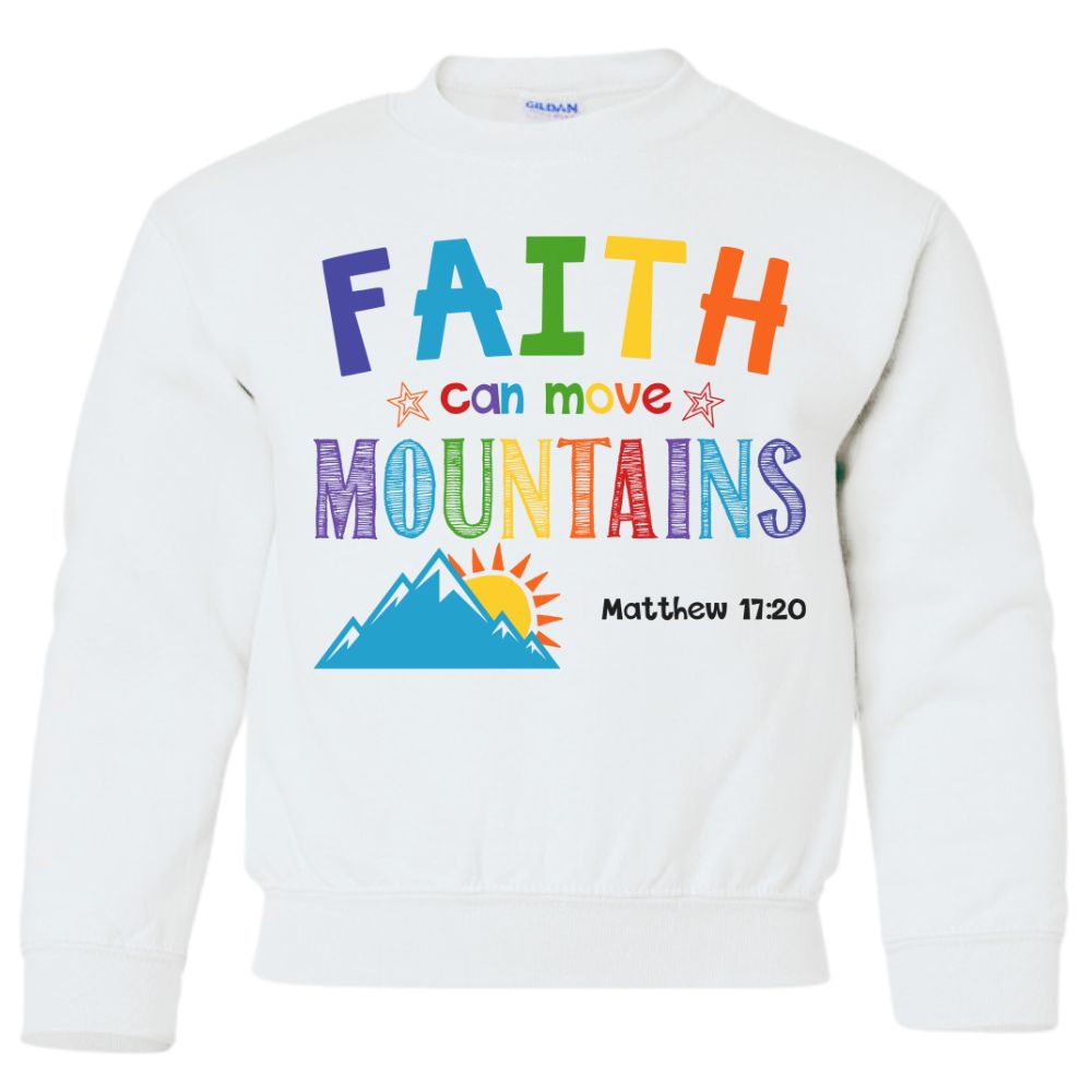 Faith Can Move Mountains Youth Crewneck Sweatshirt Color: White Size: XS Jesus Passion Apparel
