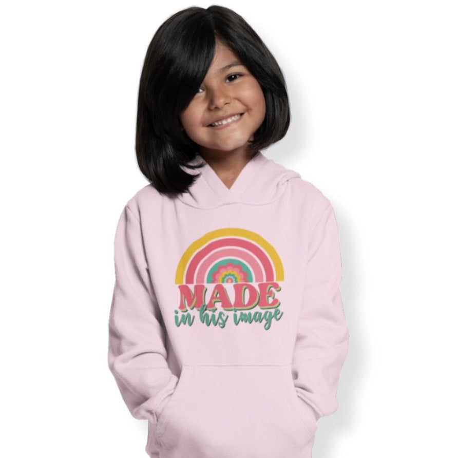 Made in His Image Rainbow Youth Girl's Heavy Blend Hoodie - Design on Front and Back Color: Light Pink Size: S Jesus Passion Apparel