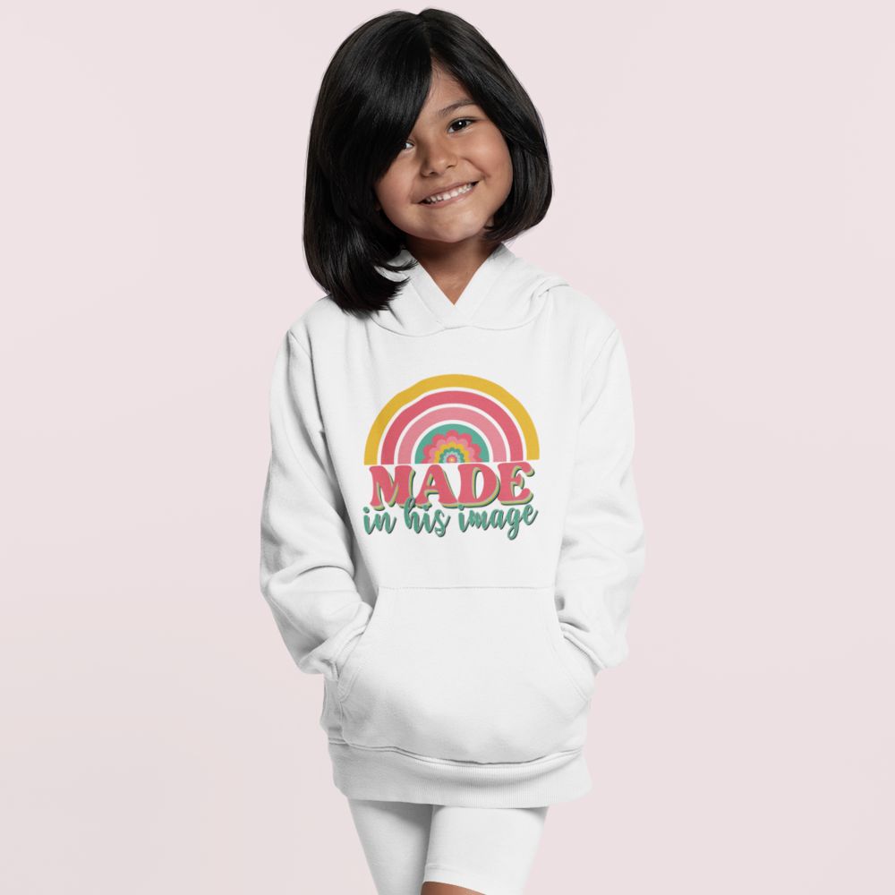 Made in His Image Rainbow Youth Girl's Heavy Blend Hoodie - Design on Front and Back Color: Light Pink Size: S Jesus Passion Apparel