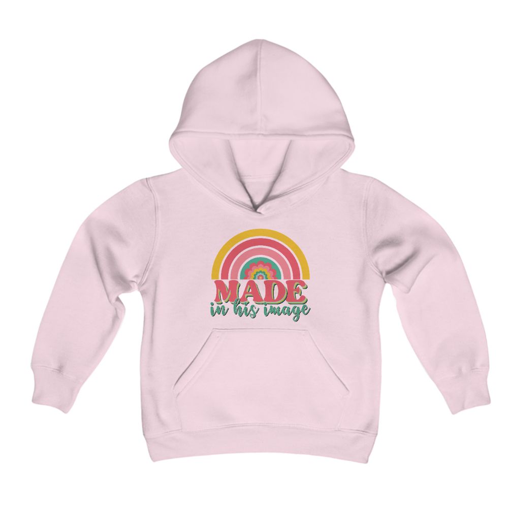 Made in His Image Rainbow Youth Girl's Heavy Blend Hoodie - Design on Front and Back Color: Light Pink Size: S Jesus Passion Apparel