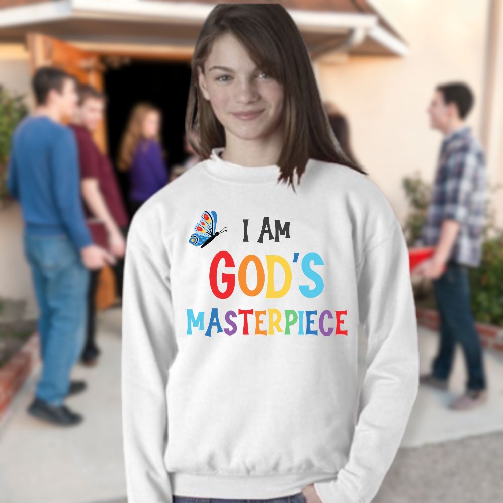 I Am God's Masterpiece Youth Crewneck Sweatshirt Colors: White Sizes: XS Jesus Passion Apparel