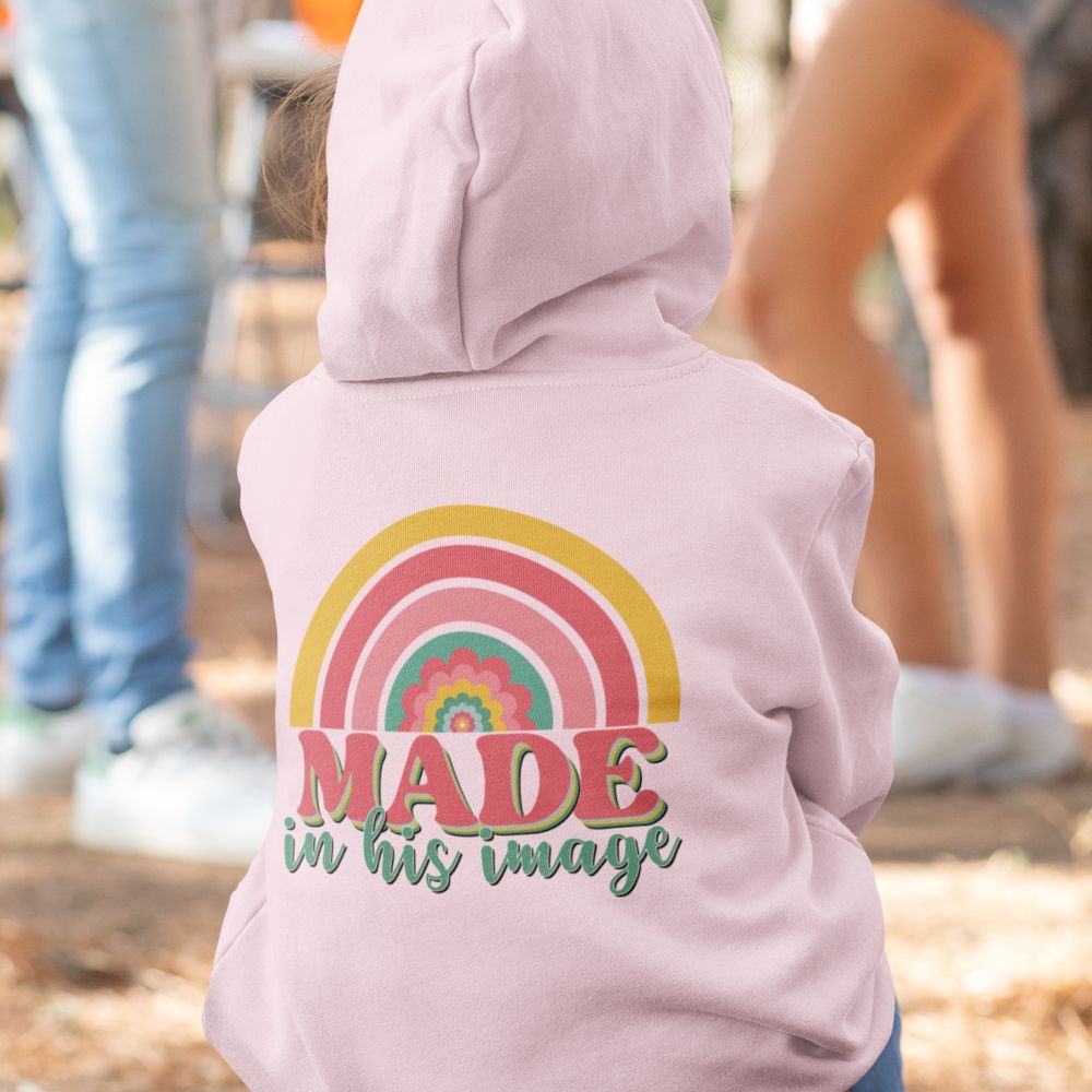 Made in His Image Rainbow Youth Girl's Heavy Blend Hoodie - Design on Front and Back Color: Light Pink Size: S Jesus Passion Apparel