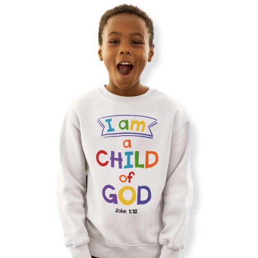 I am a Child of God Youth Crewneck Sweatshirt Color: White Size: XS Jesus Passion Apparel