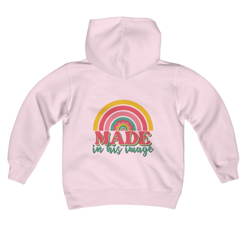 Made in His Image Rainbow Youth Girl's Heavy Blend Hoodie - Design on Front and Back Color: Light Pink Size: S Jesus Passion Apparel