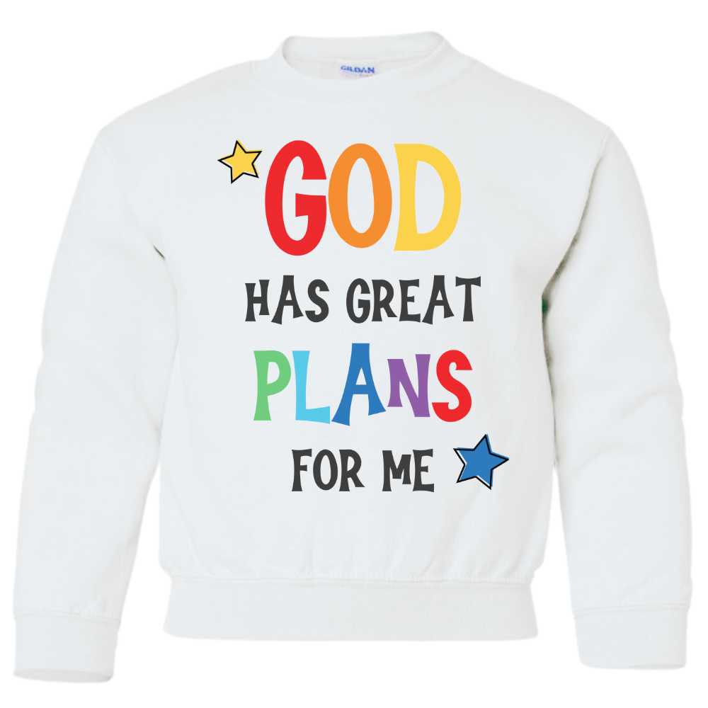 God Has Plans for Me Youth Crewneck Sweatshirt Color: White Size: XS Jesus Passion Apparel