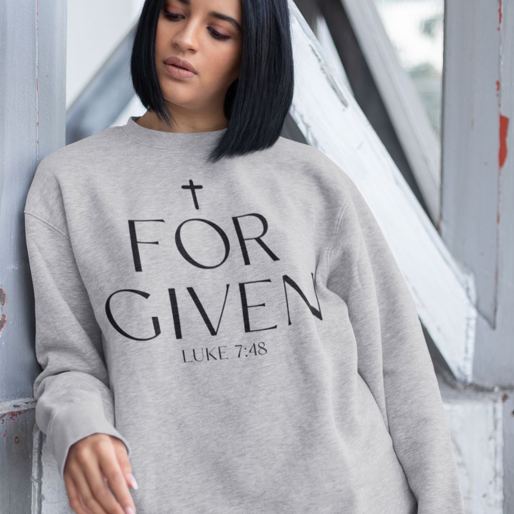 Forgiven Luke 7:48 Women's Fleece Unisex-Fit Sweatshirt White / Sport Grey Size: S Color: Sport Grey Jesus Passion Apparel