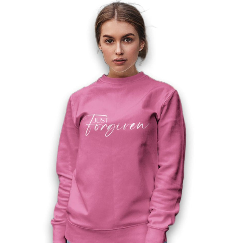 Just Forgiven Women's Fleece Unisex-Fit Sweatshirt Navy / Pink Heliconia Size: S Color: Heliconia Jesus Passion Apparel