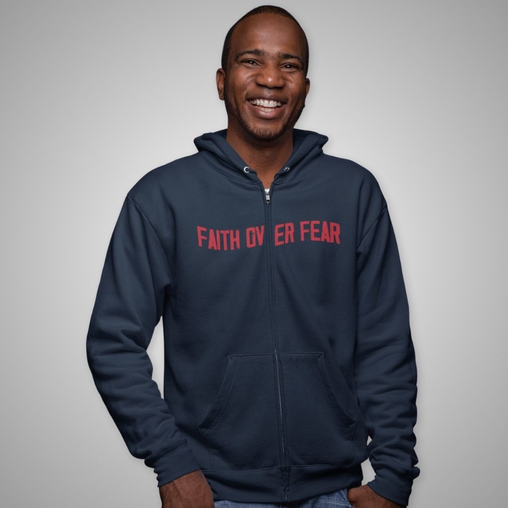 Faith Over Fear Patriotic Retro-Inspired Premium Men's Hooded Jacket Heavy Blend™ Color: Navy Size: M Jesus Passion Apparel