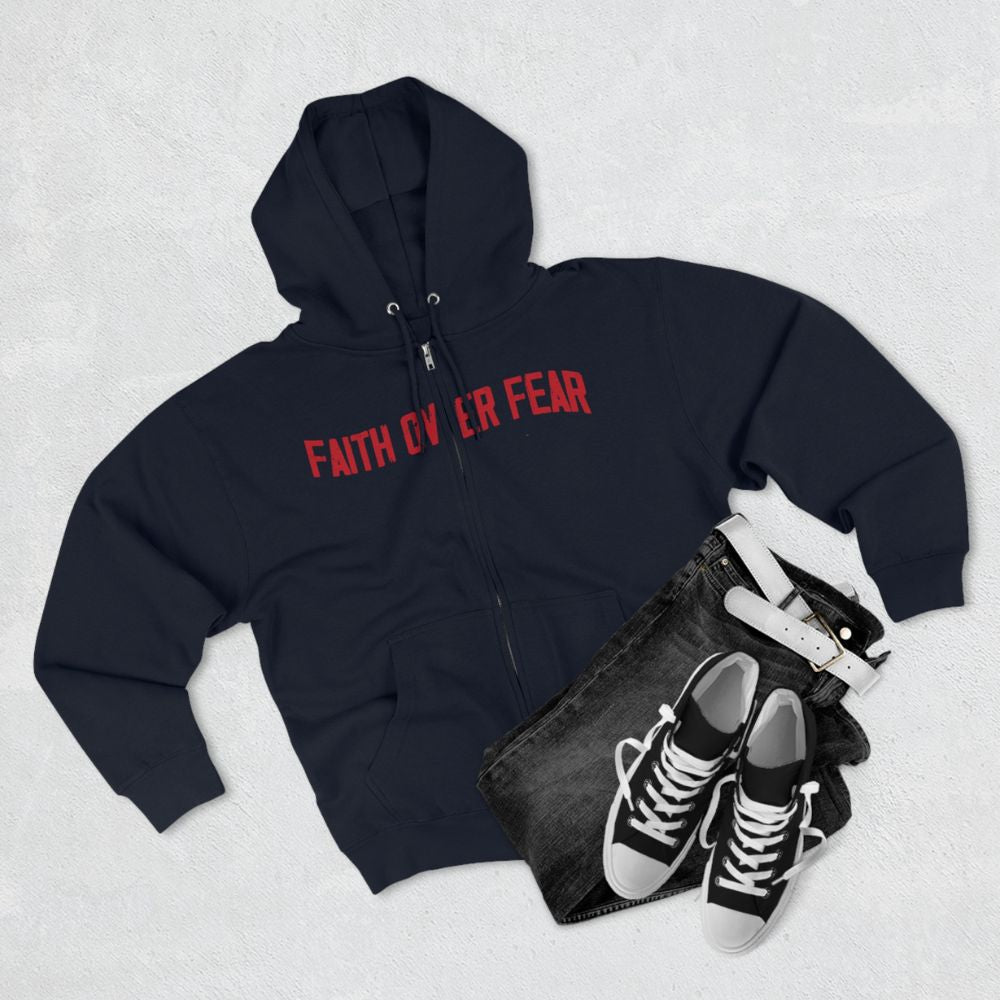 Faith Over Fear Patriotic Retro-Inspired Premium Men's Hooded Jacket Heavy Blend™ Color: Navy Size: M Jesus Passion Apparel