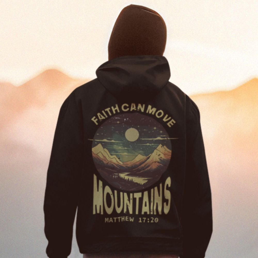 Faith Can Move Mountains Retro-Inspired Premium Unisex Hooded Jacket Heavy Blend™ Size: S Color: Black Jesus Passion Apparel