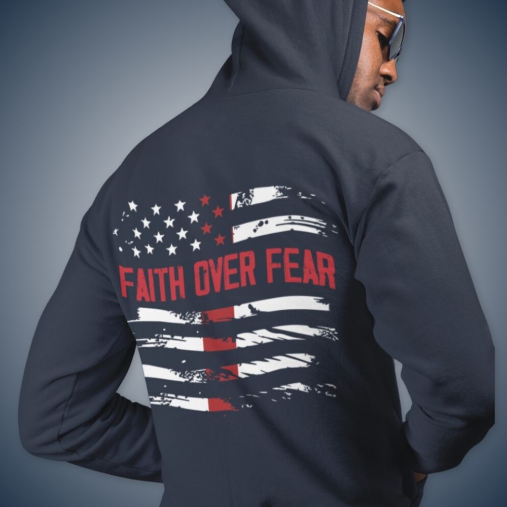 Faith Over Fear Patriotic Retro-Inspired Premium Men's Hooded Jacket Heavy Blend™ Color: Navy Size: M Jesus Passion Apparel