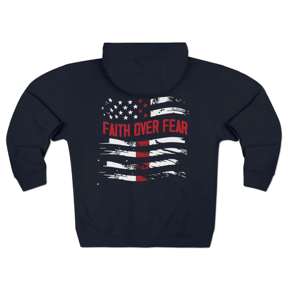 Faith Over Fear Patriotic Retro-Inspired Premium Men's Hooded Jacket Heavy Blend™ Color: Navy Size: M Jesus Passion Apparel