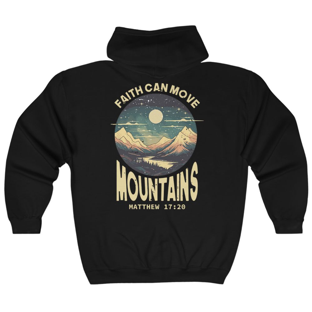 Faith Can Move Mountains Retro-Inspired Premium Unisex Hooded Jacket Heavy Blend™ Size: S Color: Black Jesus Passion Apparel