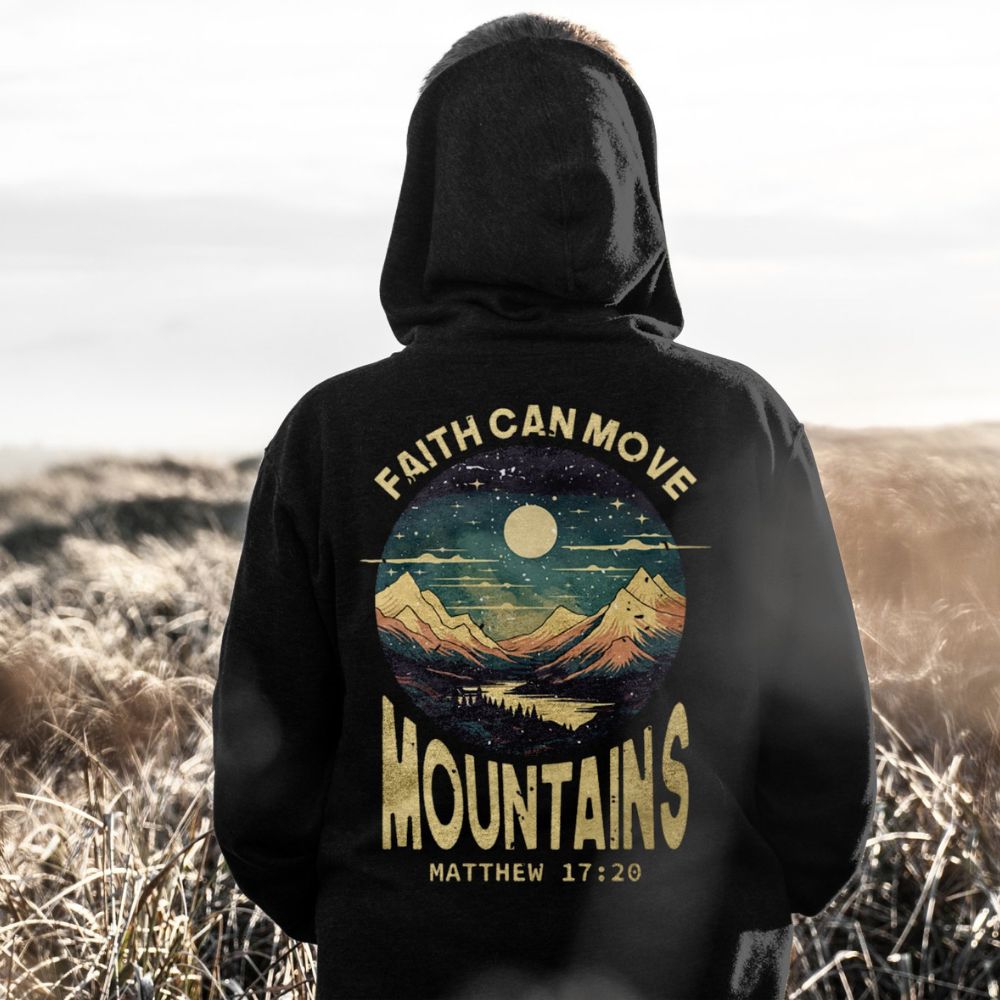 Faith Can Move Mountains Retro-Inspired Premium Unisex Hooded Jacket Heavy Blend™ Size: S Color: Black Jesus Passion Apparel