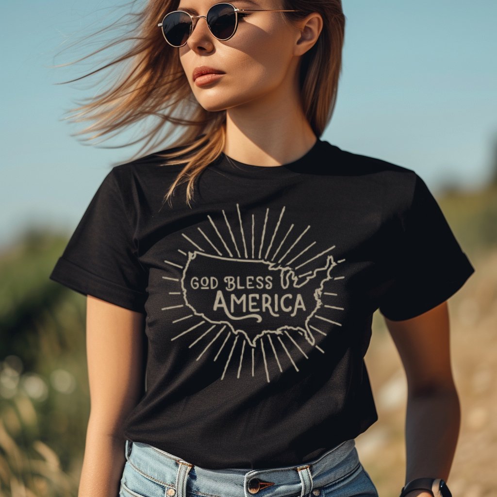 God Bless America Women's Short Sleeve Patriotic T-shirt Size: XS Color: Solid Black Blend Jesus Passion Apparel