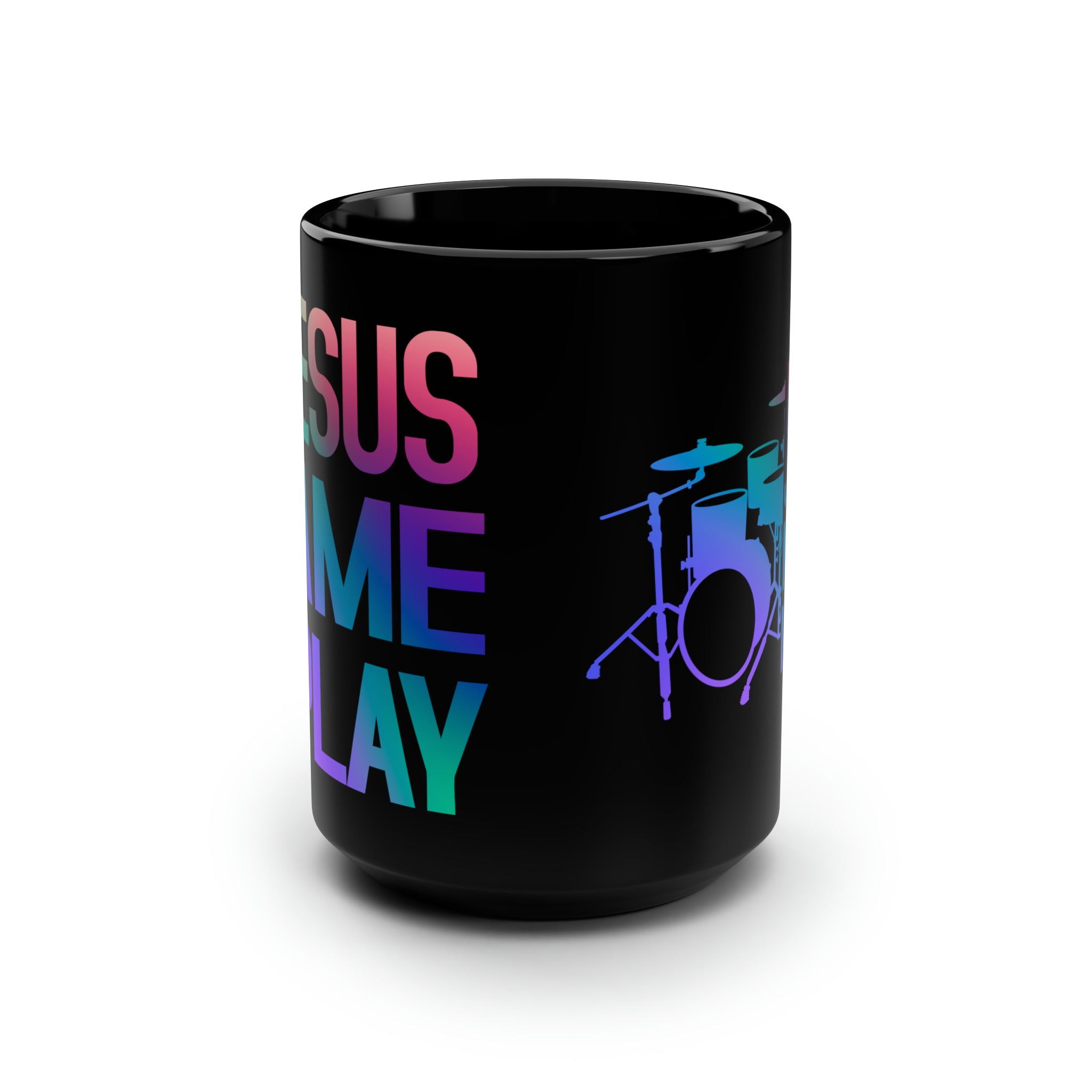 In Jesus Name I Play Drums Black 15 oz Mug Size: Black 15oz Jesus Passion Apparel