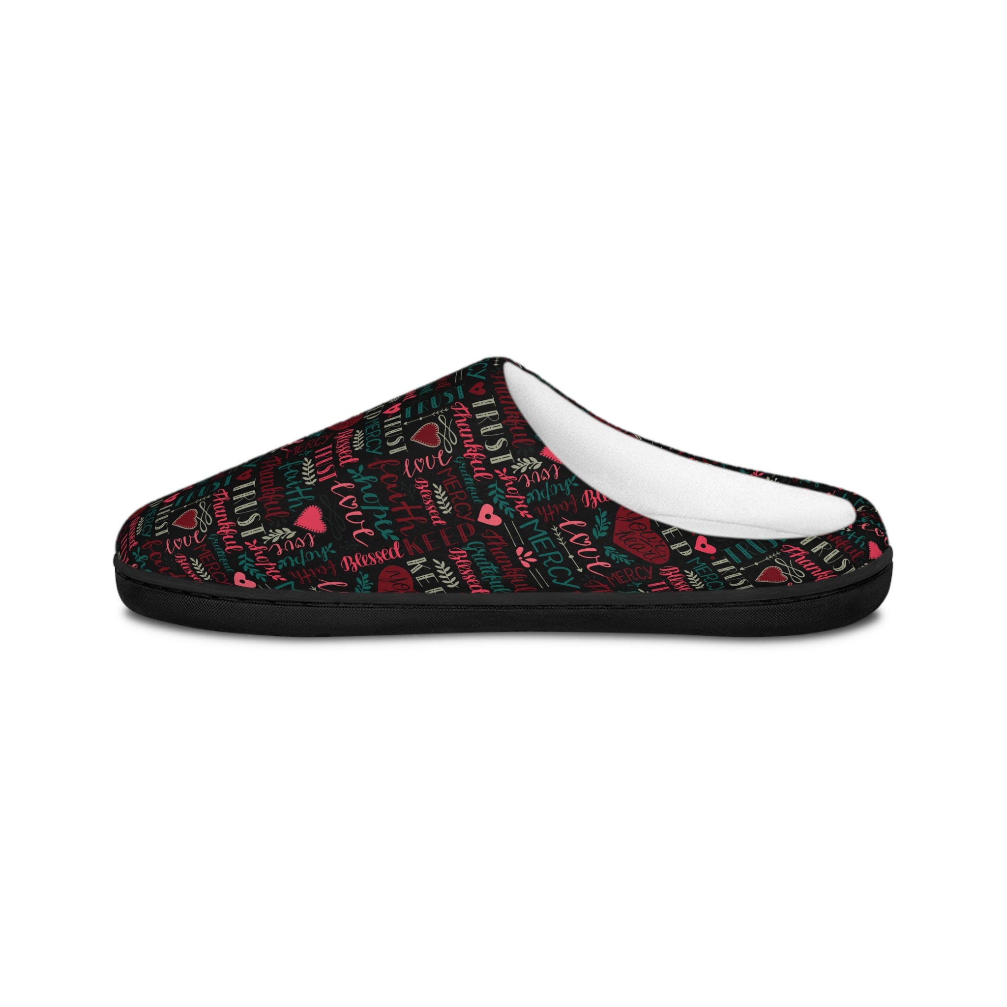 Faith Hope Love Women's Indoor Slippers - Matching Pajama Set and Lounge / Pajama Pants Available Size: US 7 - 8 Color: Black sole Jesus Passion Apparel