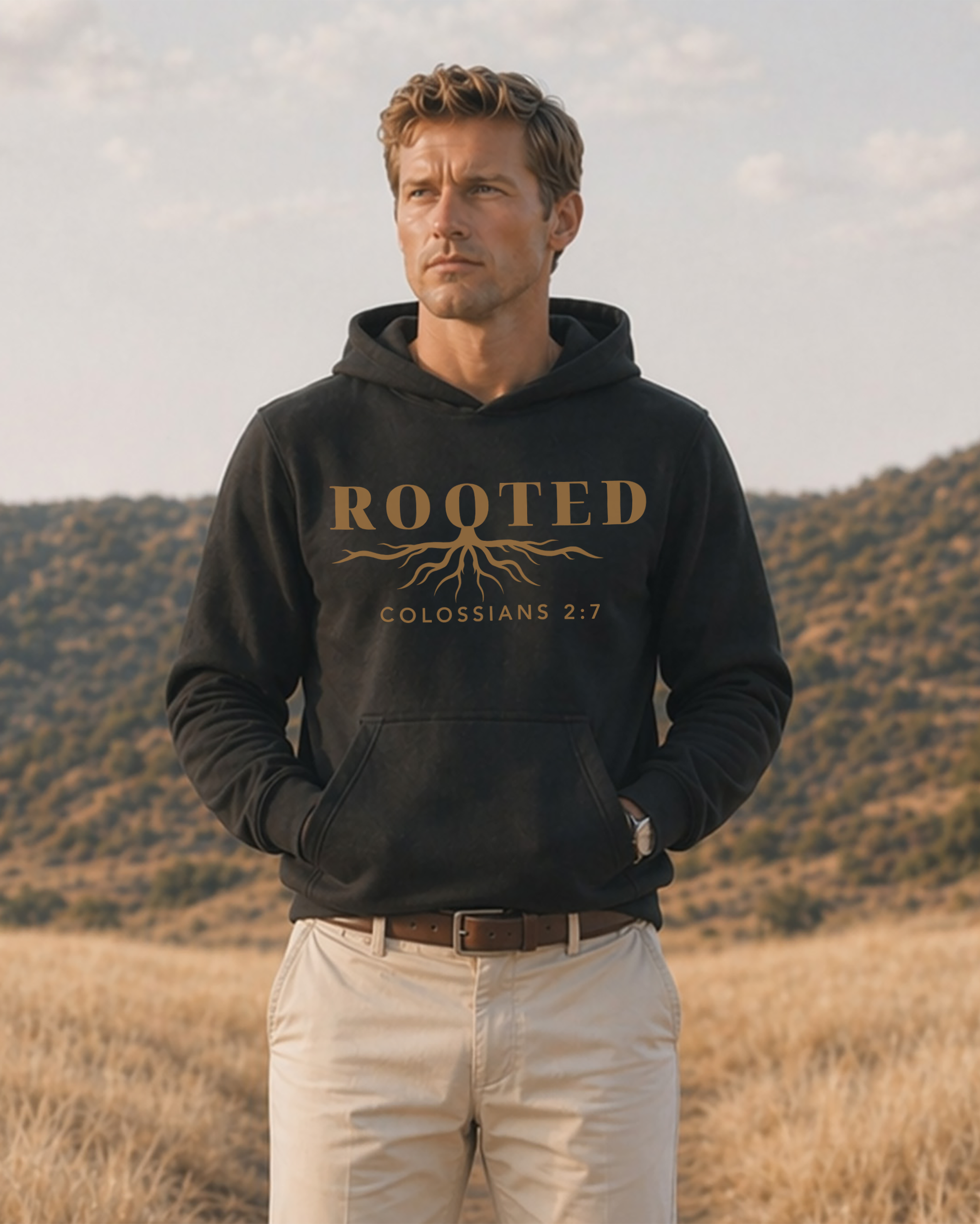 Man wearing a black hoodie with 'Rooted Colossians 2:7' text in a desert landscape
