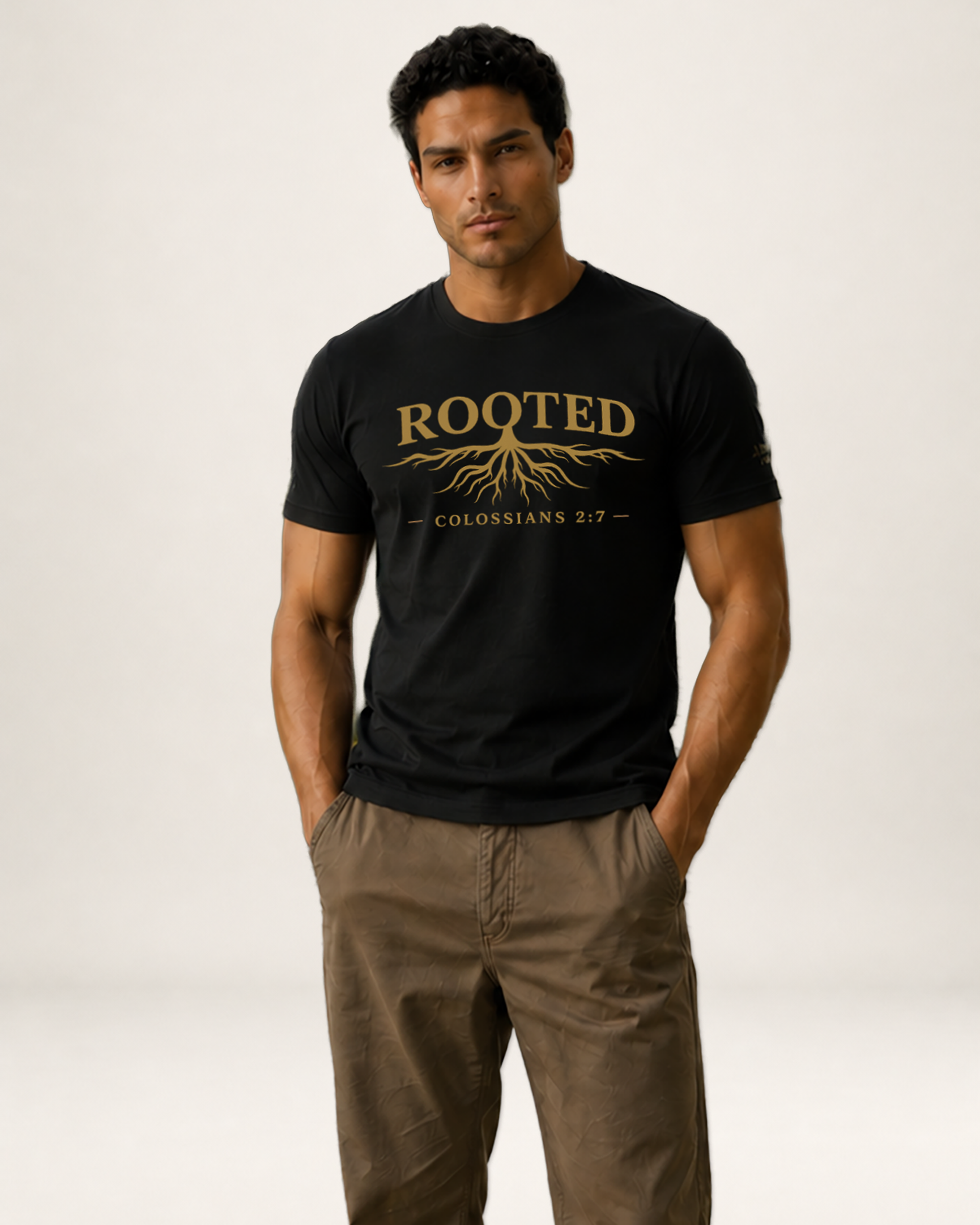 A man modeling a black crewneck t-shirt with a gold graphic that reads 'ROOTED COLOSSIANS 2:7' with roots, paired with brown pants, against a light gray studio background.
