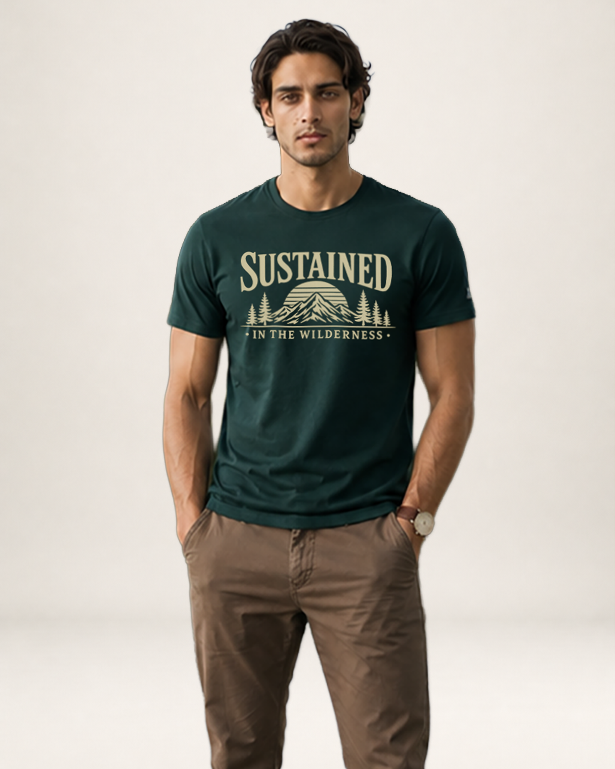A man modeling a dark green crewneck t-shirt with a beige graphic print that reads 'SUSTAINED • IN THE WILDERNESS •' with a mountain and trees. He is wearing brown pants against a light beige studio background.