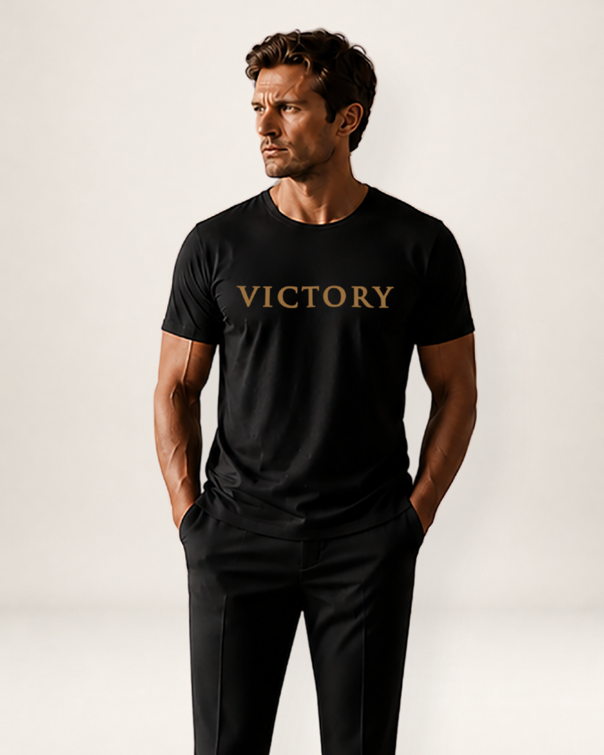 A man wearing a black short-sleeve crewneck t-shirt with the word 'VICTORY' printed in gold across the chest, paired with black trousers, against a plain light background.