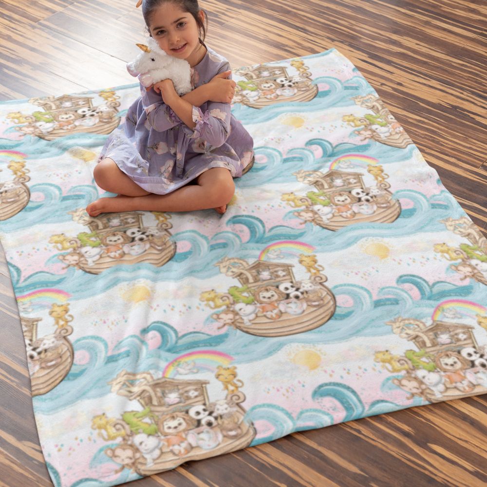 Noah's Ark - The Sun Comes Out Soft Fleece Baby Blanket Size: 30" × 40" Color: White Jesus Passion Apparel