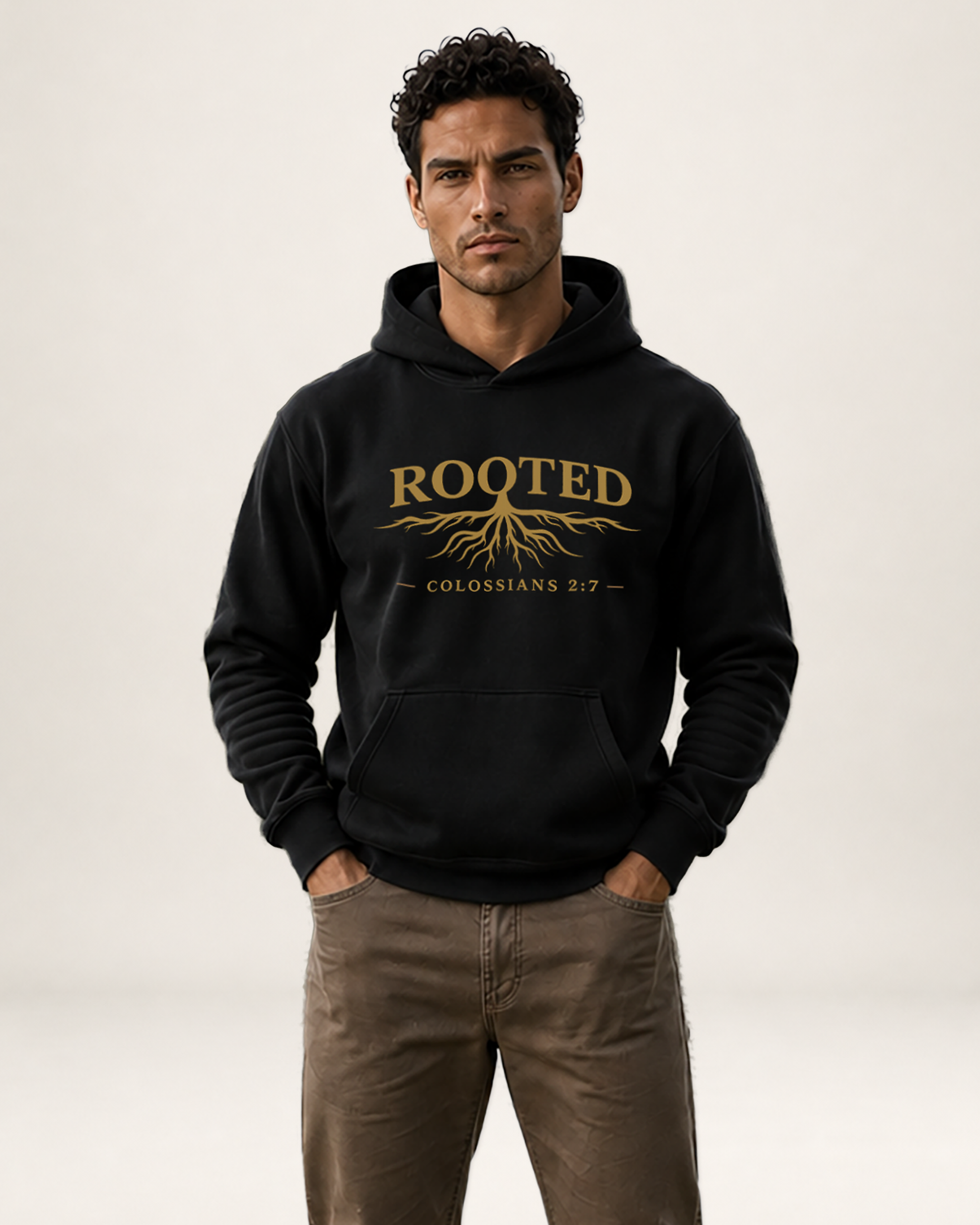 A man wearing a black pullover hoodie with a gold graphic print that reads 'ROOTED' and 'COLOSSIANS 2:7' with roots, paired with brown pants, against a light gray studio background.