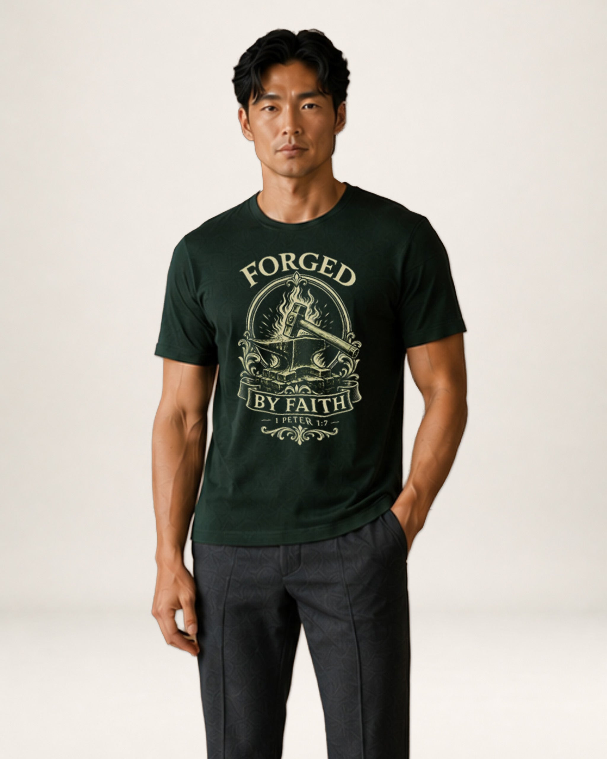 A man wearing a dark forest green graphic t-shirt with a beige 'Forged By Faith' emblem on the front, paired with dark gray trousers, standing against a light beige studio background.