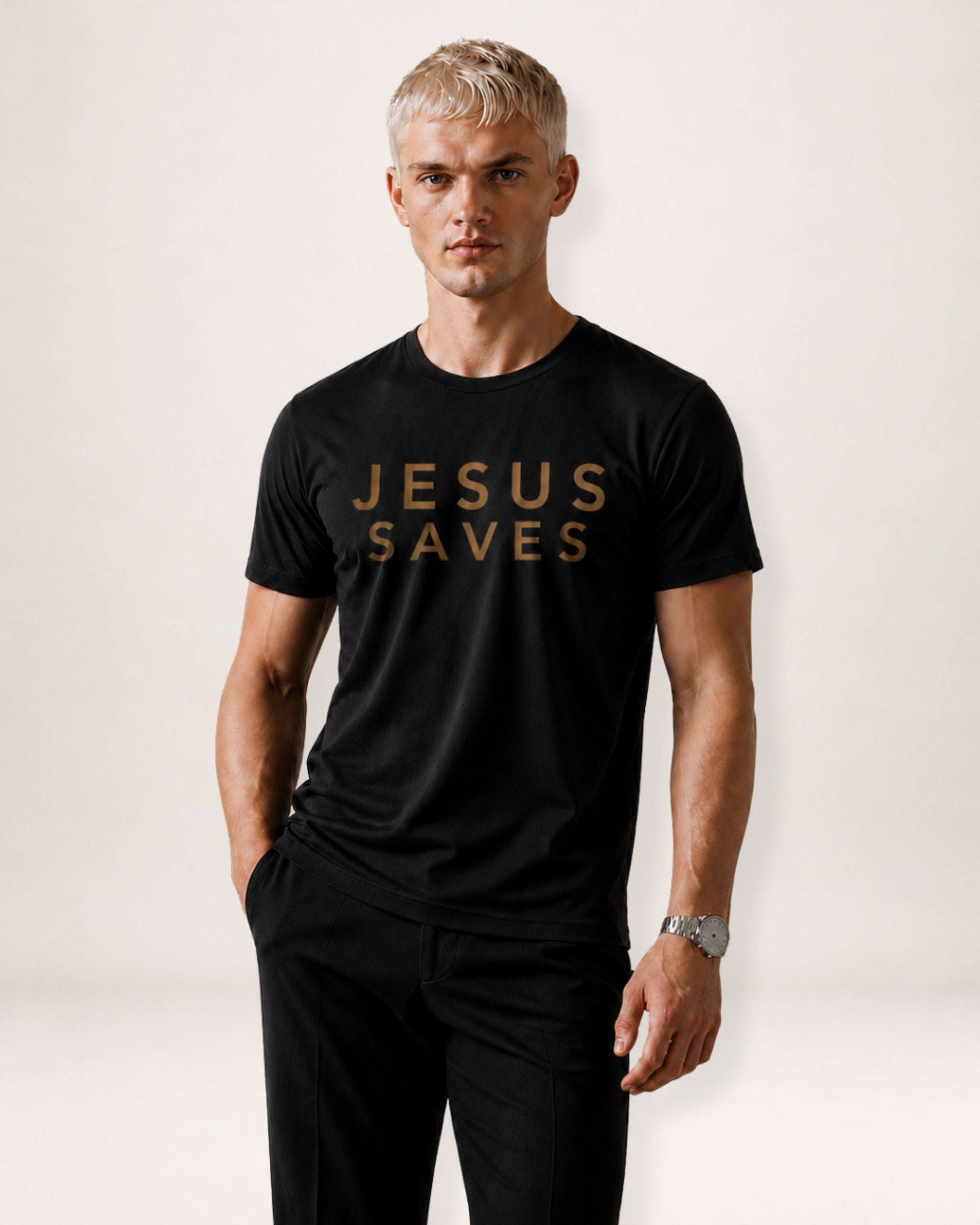 Man wearing a black t-shirt with 'Jesus Saves' text on a plain background