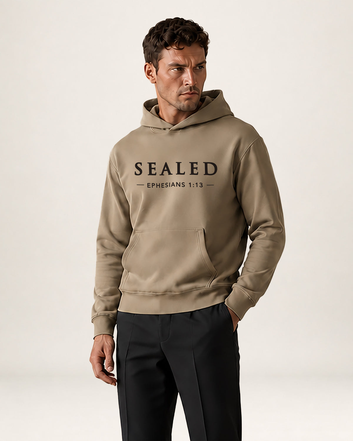 A man wearing a taupe-beige pullover hoodie with 'SEALED EPHESIANS 1:13' printed in black across the chest, paired with black trousers, against a light beige studio background.