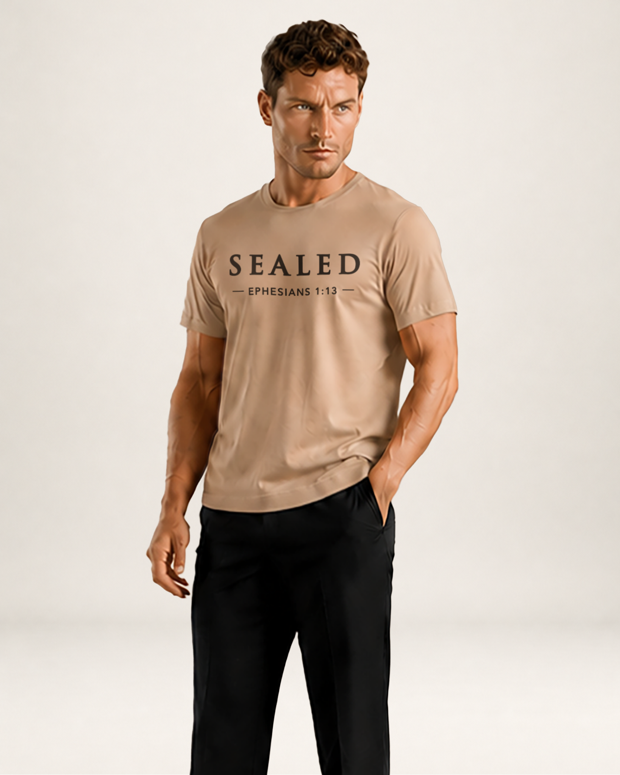 A male model wearing a beige crew-neck t-shirt with 'SEALED EPHESIANS 1:13' printed in black across the chest, paired with black trousers, against a light gray studio background.