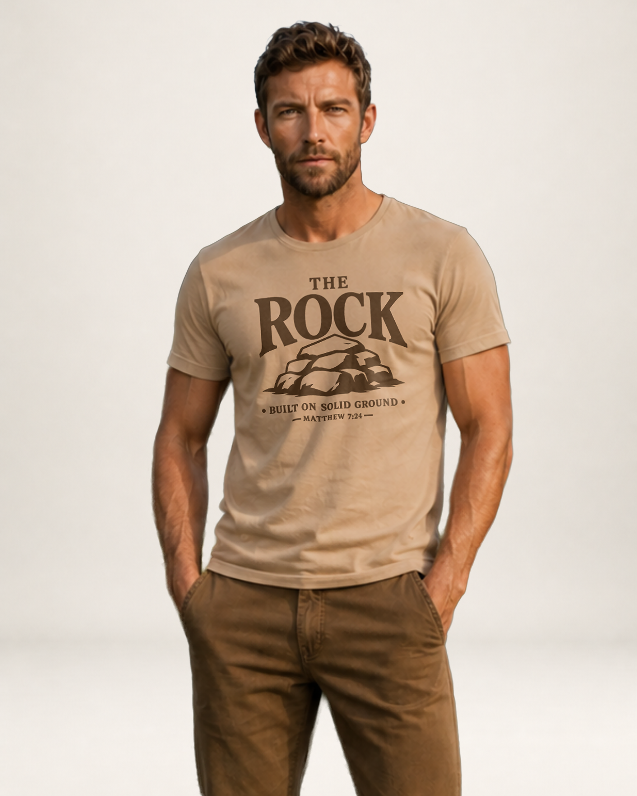 A man wearing a beige graphic t-shirt with 'THE ROCK' and a tent illustration printed on the chest, paired with brown pants, standing against a light gray studio background.