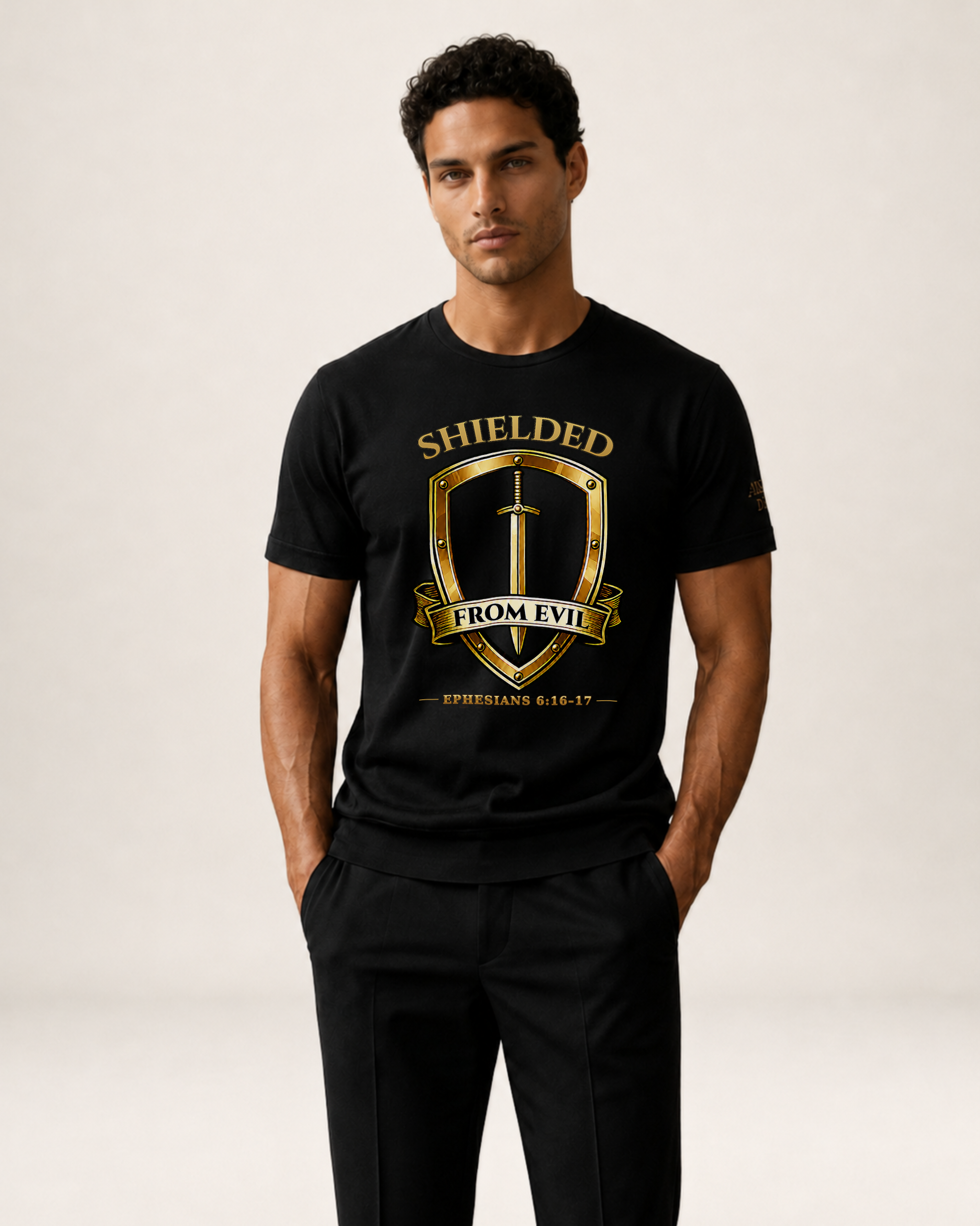 A man modeling a black short-sleeve t-shirt with a gold graphic on the chest that reads 'SHIELDED FROM EVIL 2 TIMOTHY 1:7' with a sword and shield emblem, paired with black pants against a light beige studio background.