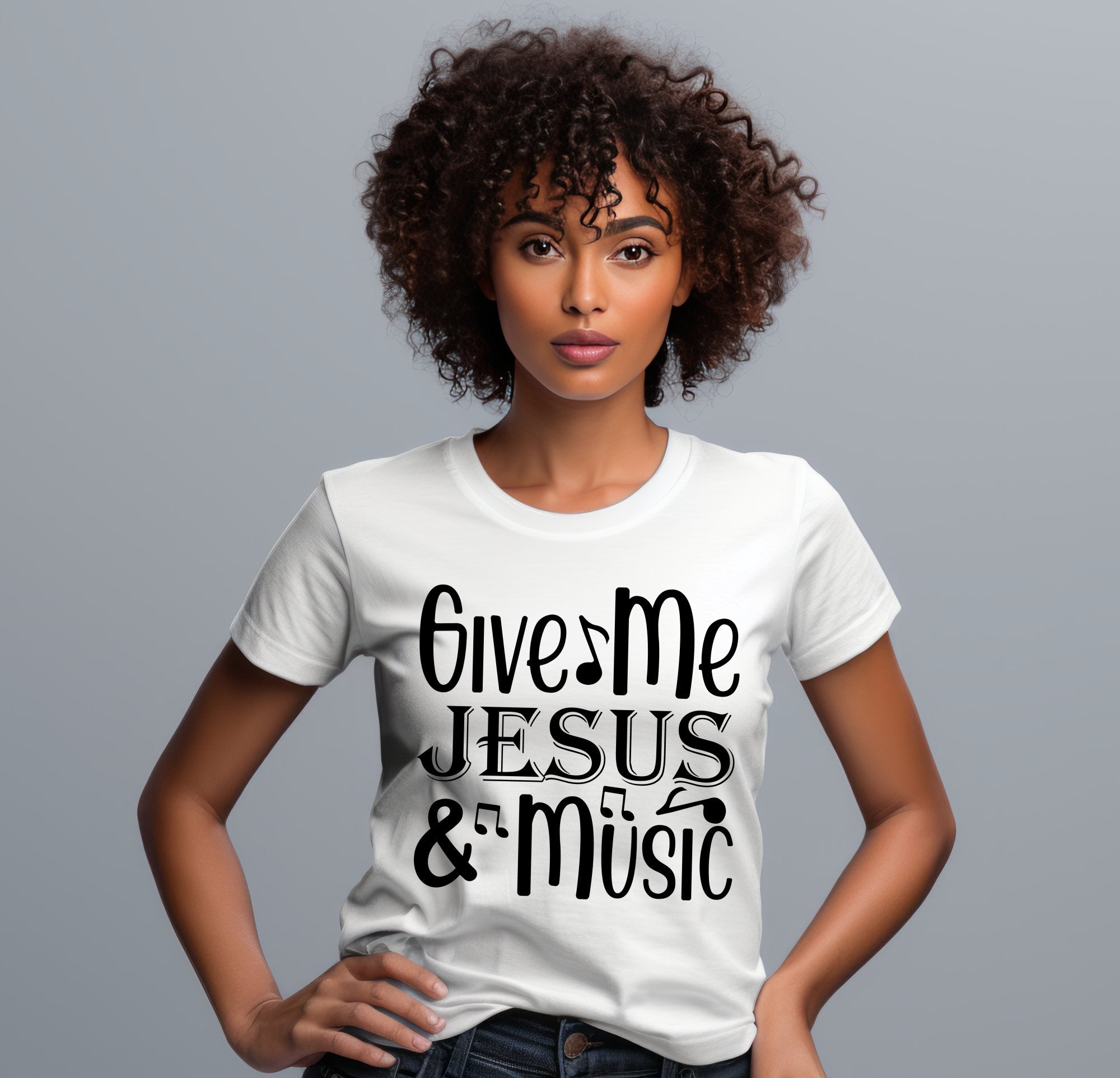 Give Me Jesus and Music Notes Detail Women's Jersey Short Sleeve T-Shirt Size: XS Color: White Jesus Passion Apparel