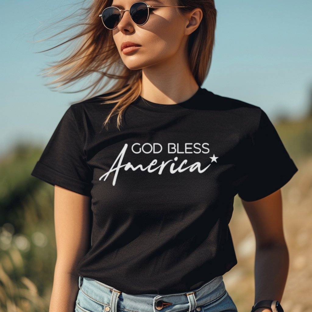 God Bless America Star Women's Short Sleeve T-shirt Size: XS Color: Solid Black Blend Jesus Passion Apparel