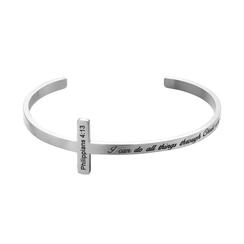 Cross Bible Verses Engraved Titanium Steel Bracelet - 4 Verse Options Color: Silver Size: B911 Jesus Passion Apparel