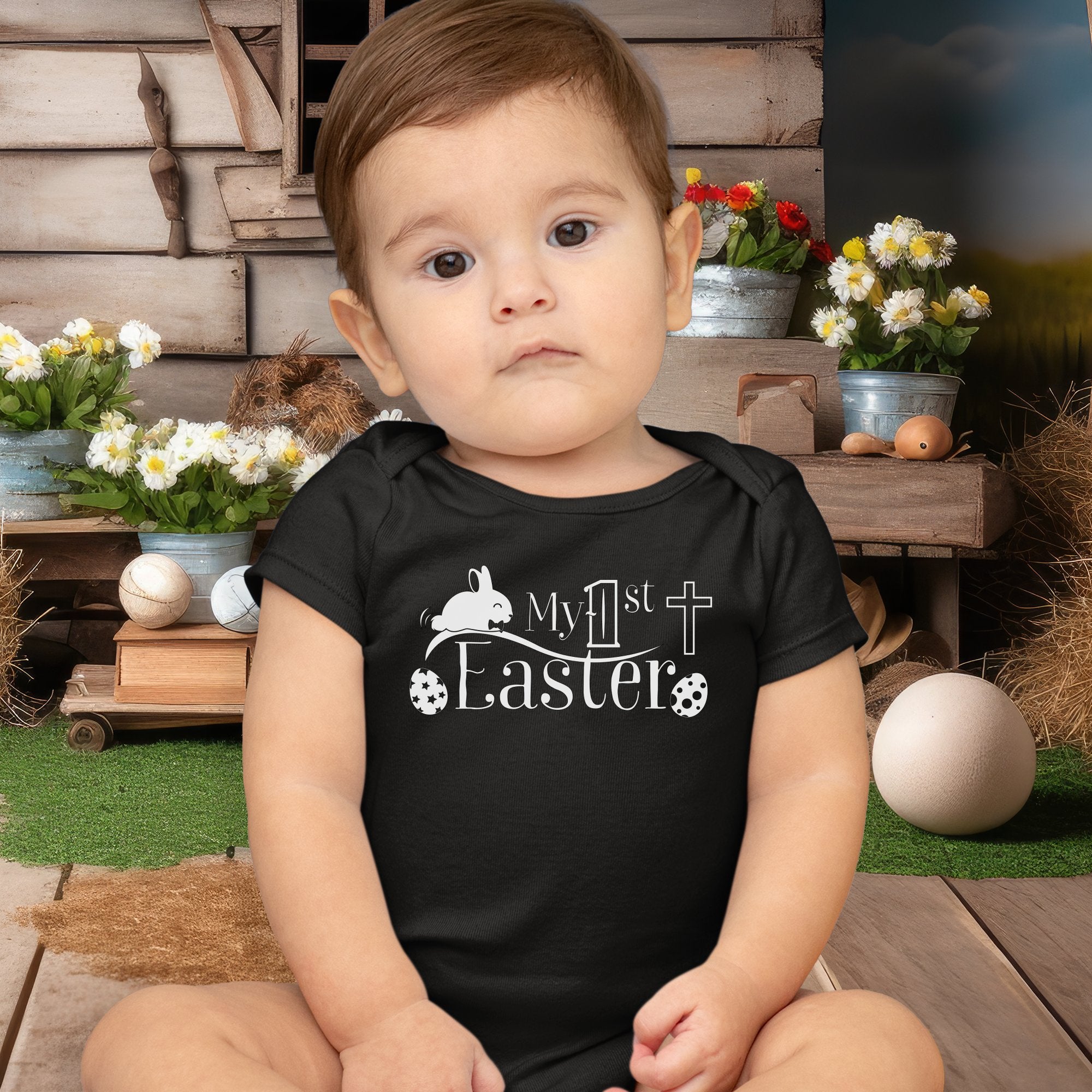 Baby's First Easter Bunny Infant Fine Jersey Bodysuit Size: 18mo Color: Navy Jesus Passion Apparel