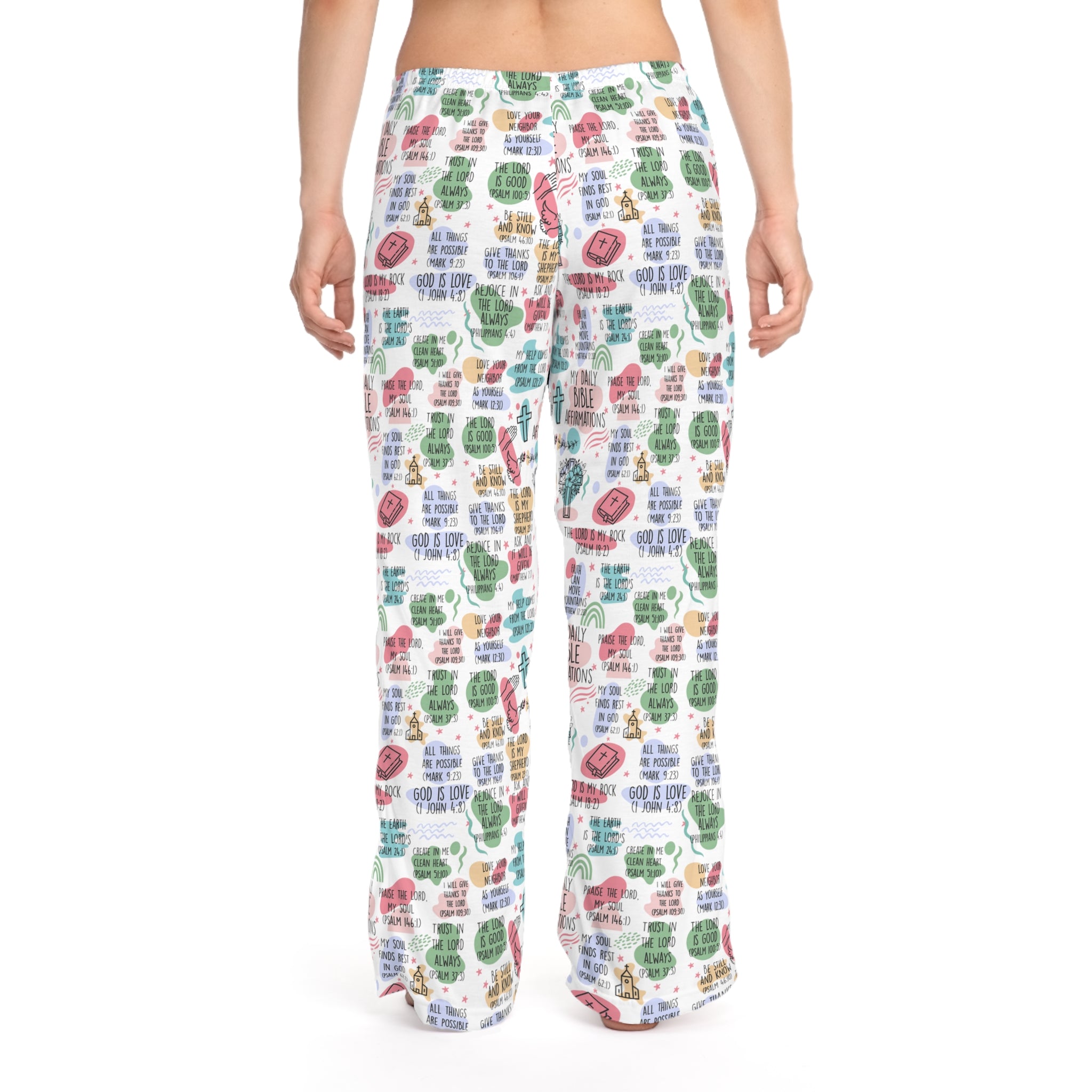 Daily Bible Affirmations Women's Lounge / Pajama Pants - Matching Pajama Set and Indoor Slippers Available Size: XS Color: White stitching Jesus Passion Apparel