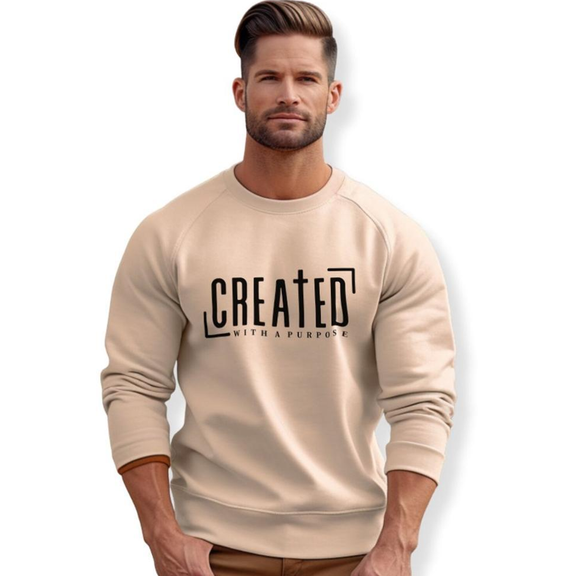 Created with a Purpose Adult Crewneck Sweatshirt - Sand Size: S Color: Sand Jesus Passion Apparel