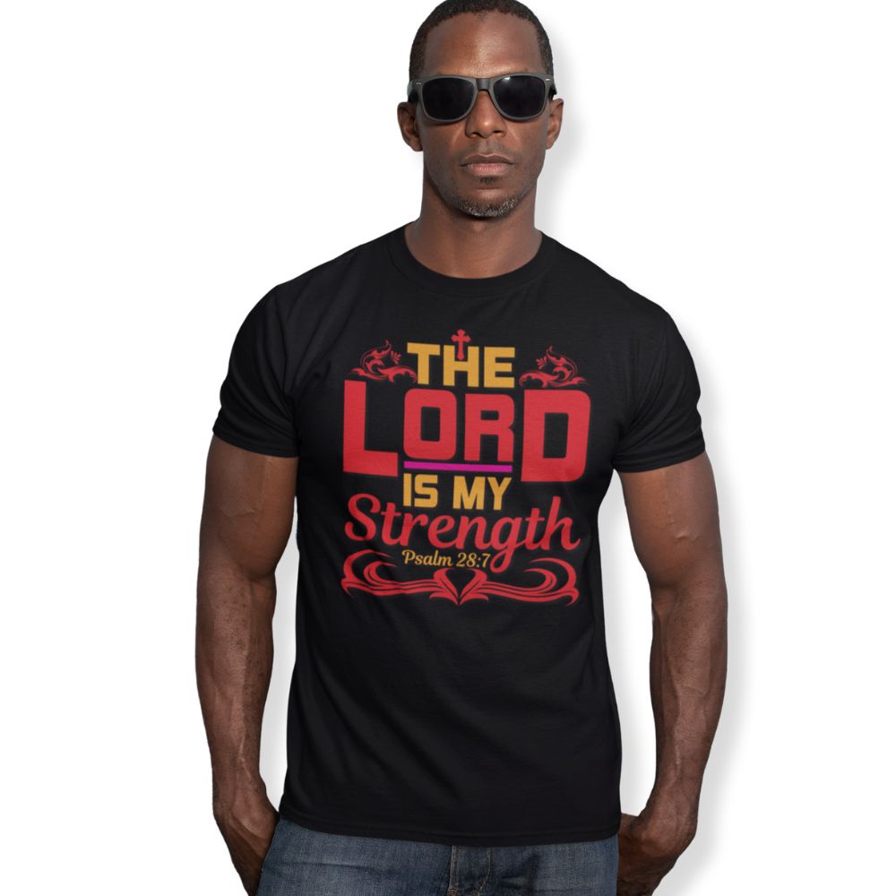 The Lord is My Strength Jersey Short Sleeve T-Shirt Color: Black Size: XS Jesus Passion Apparel