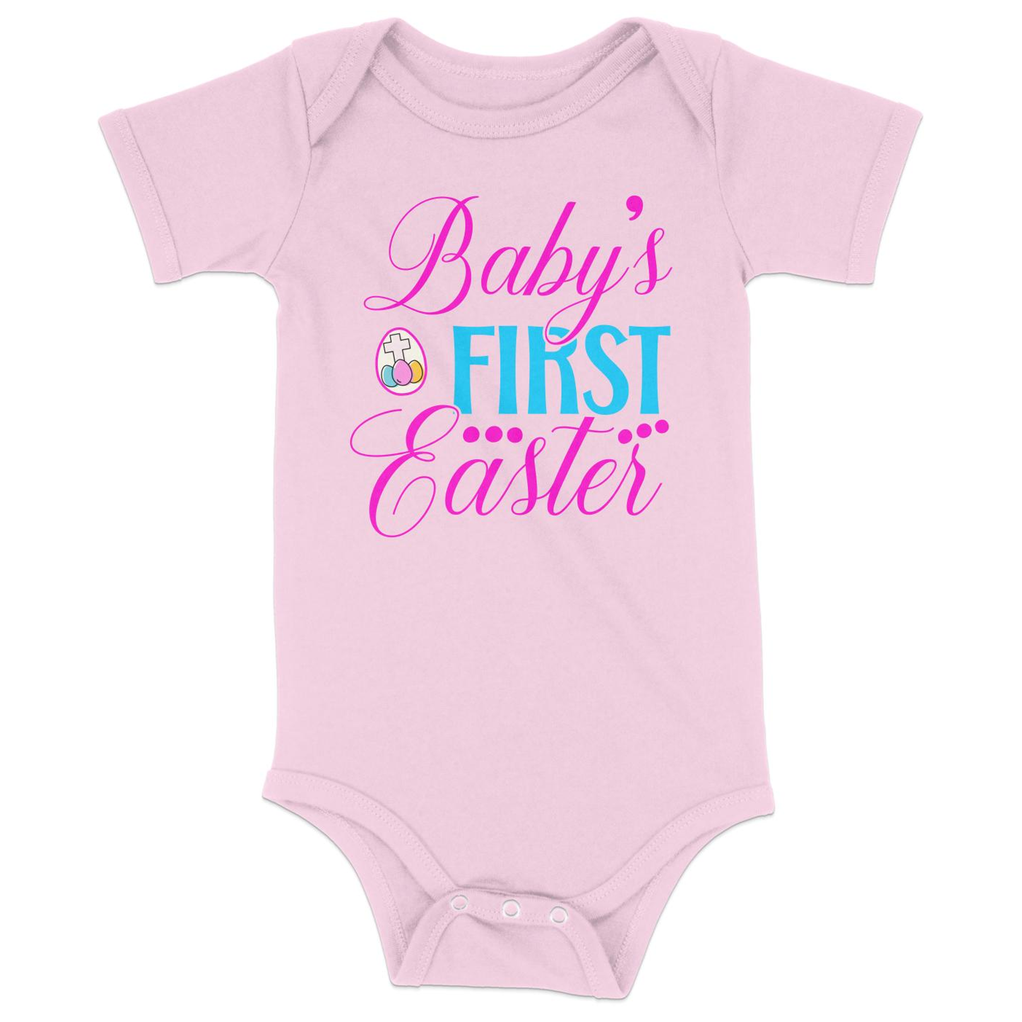 Baby's First Easter Cross Eggs Infant Fine Jersey Bodysuit Size: 6mo Color: Pink Jesus Passion Apparel