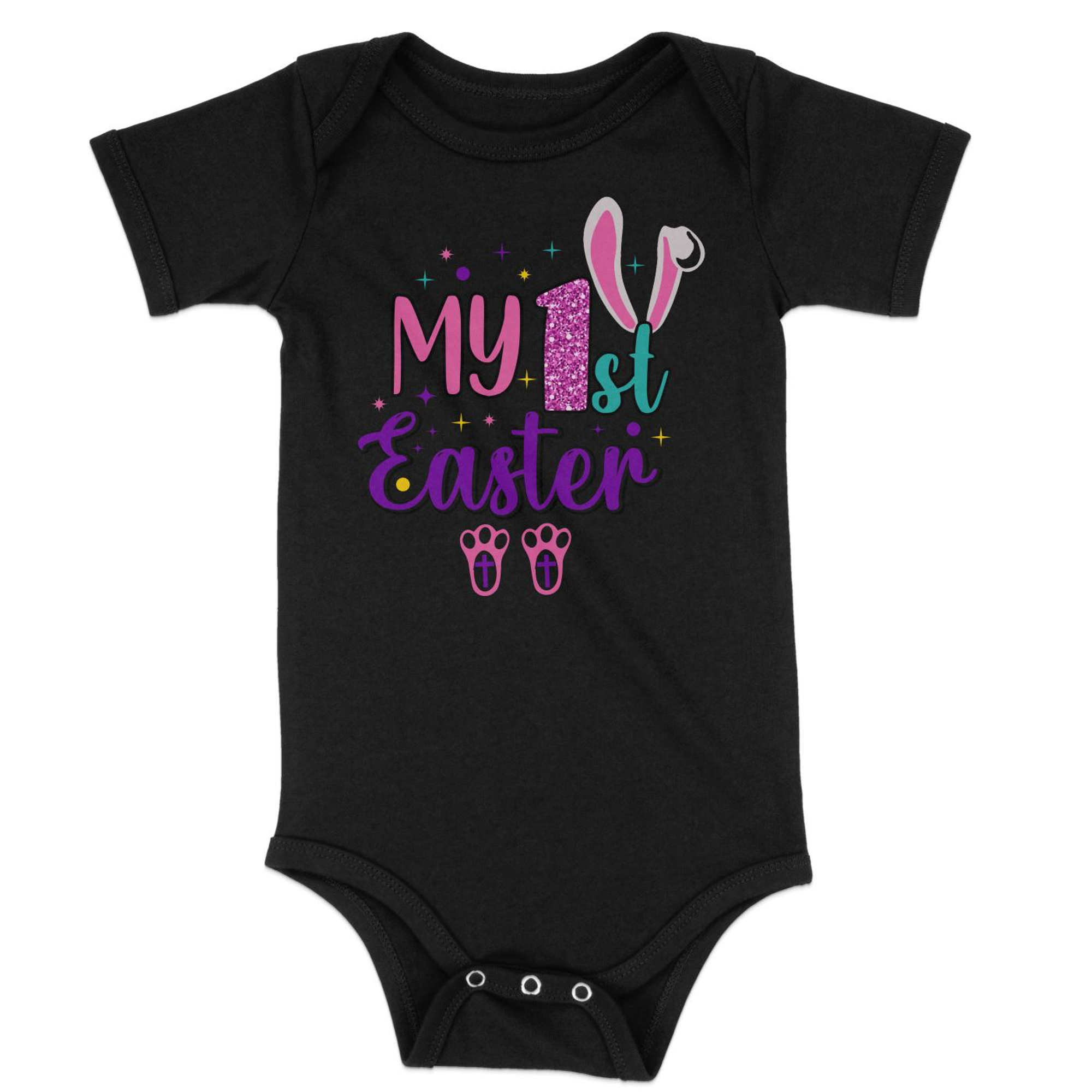 Baby's First Easter Rabbit with Cross Feet Infant Fine Jersey Bodysuit Size: Newborn Color: Black Jesus Passion Apparel