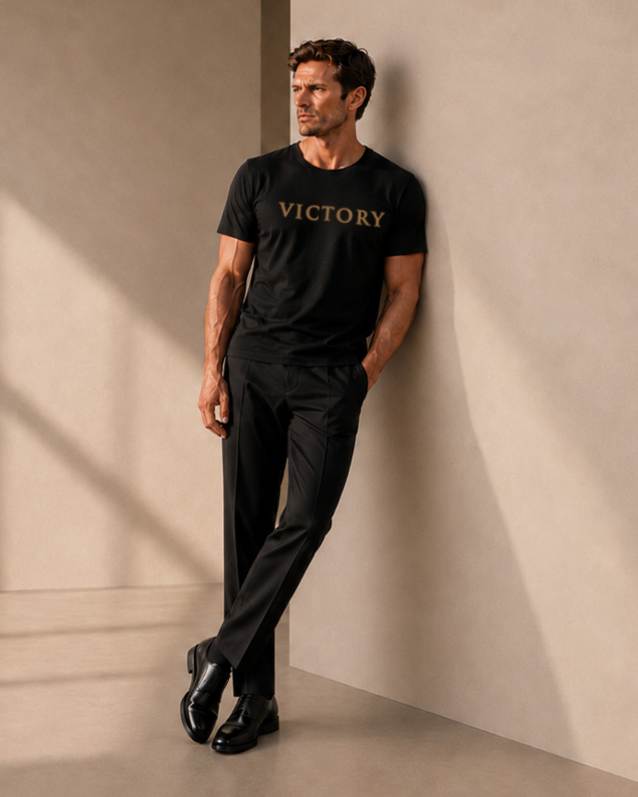 A man wearing a black short-sleeve t-shirt with 'VICTORY' printed in gold across the chest, paired with black trousers and black dress shoes, leaning against a beige wall in a minimalist indoor setting.