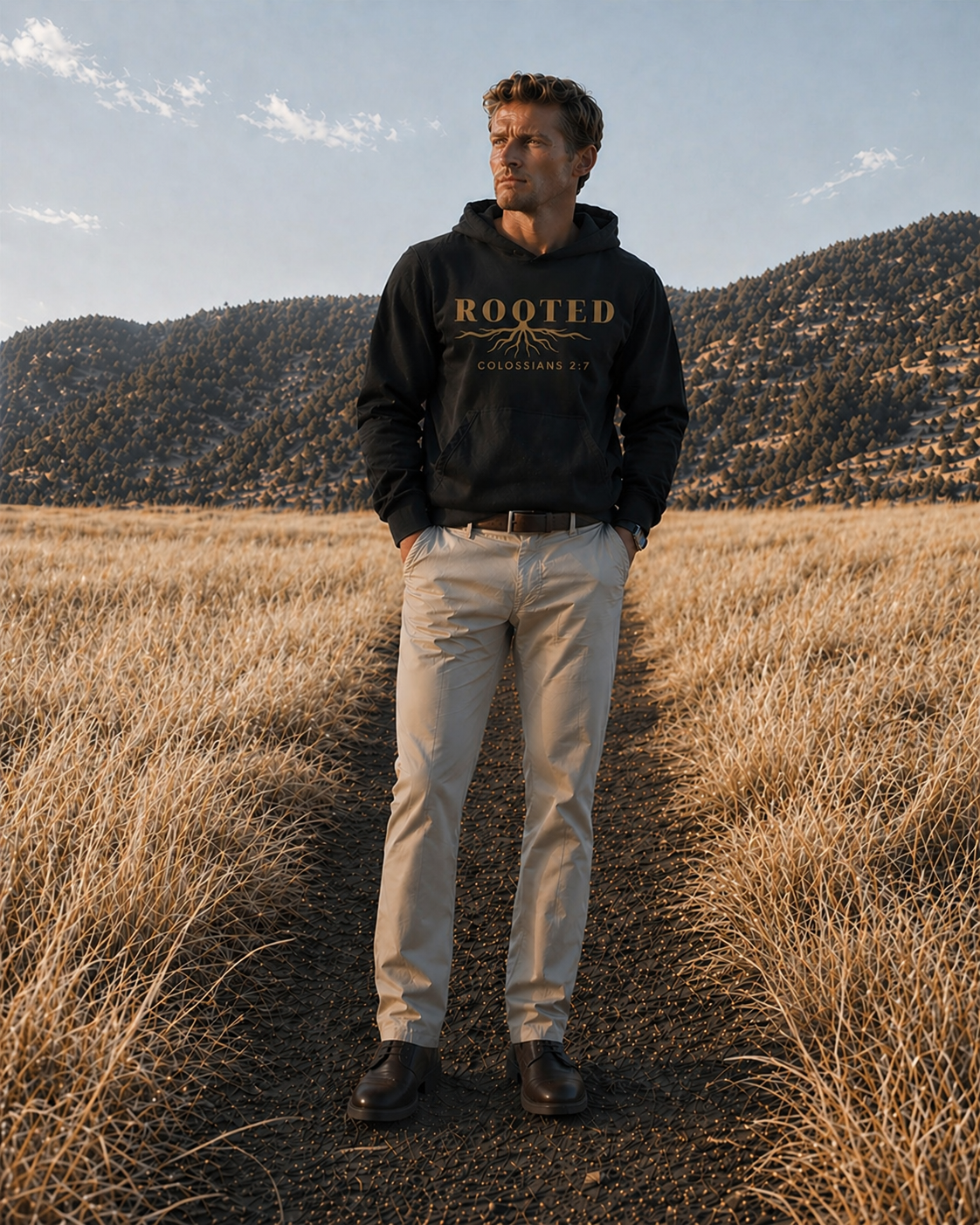Man wearing a black hoodie with 'ROOFTED' logo in a desert landscape