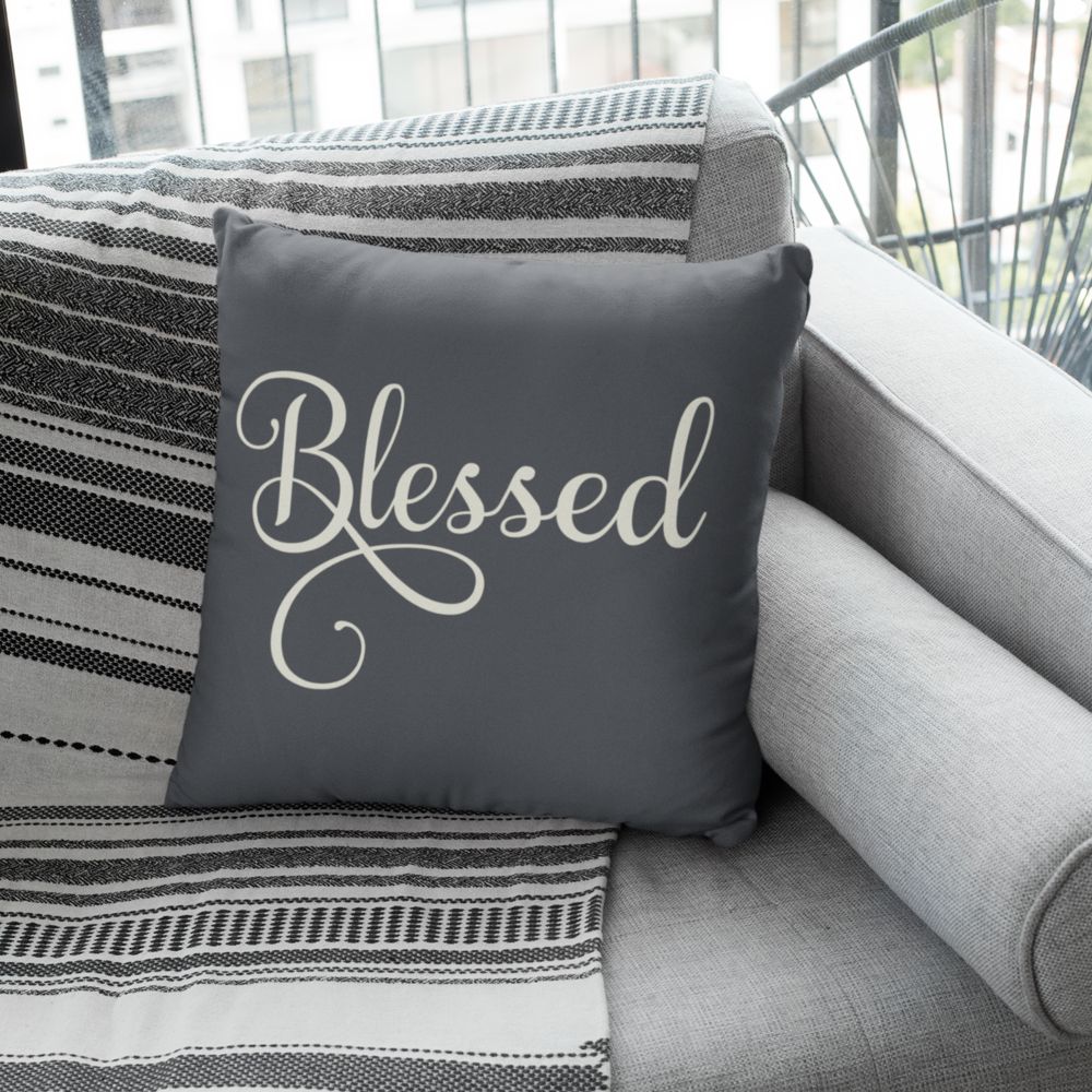 Blessed on Graphite Gray Background Design Spun Polyester Square Pillow Size: 14" × 14" Jesus Passion Apparel