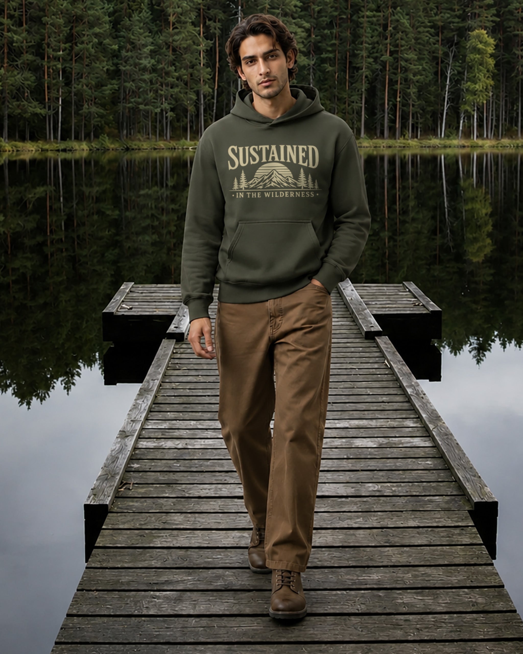 A man walks along a wooden dock over calm water with a forest in the background, wearing an olive green hoodie with 'SUSTAINED IN THE WILDERNESS' printed on the chest, brown pants, and brown shoes.